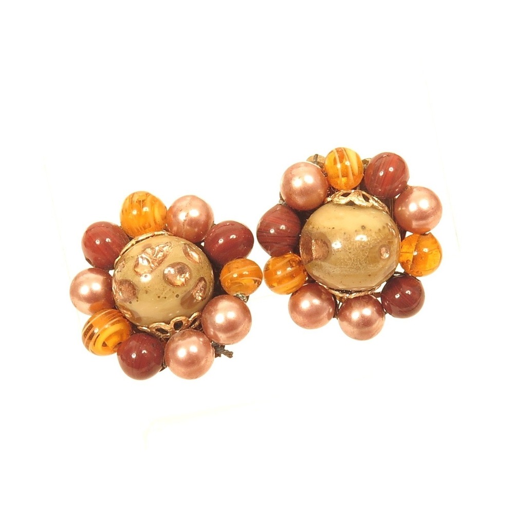 Japan Signed Vintage Beaded Cluster Warm Topaz Green Art Glass Clip-on Earrings
